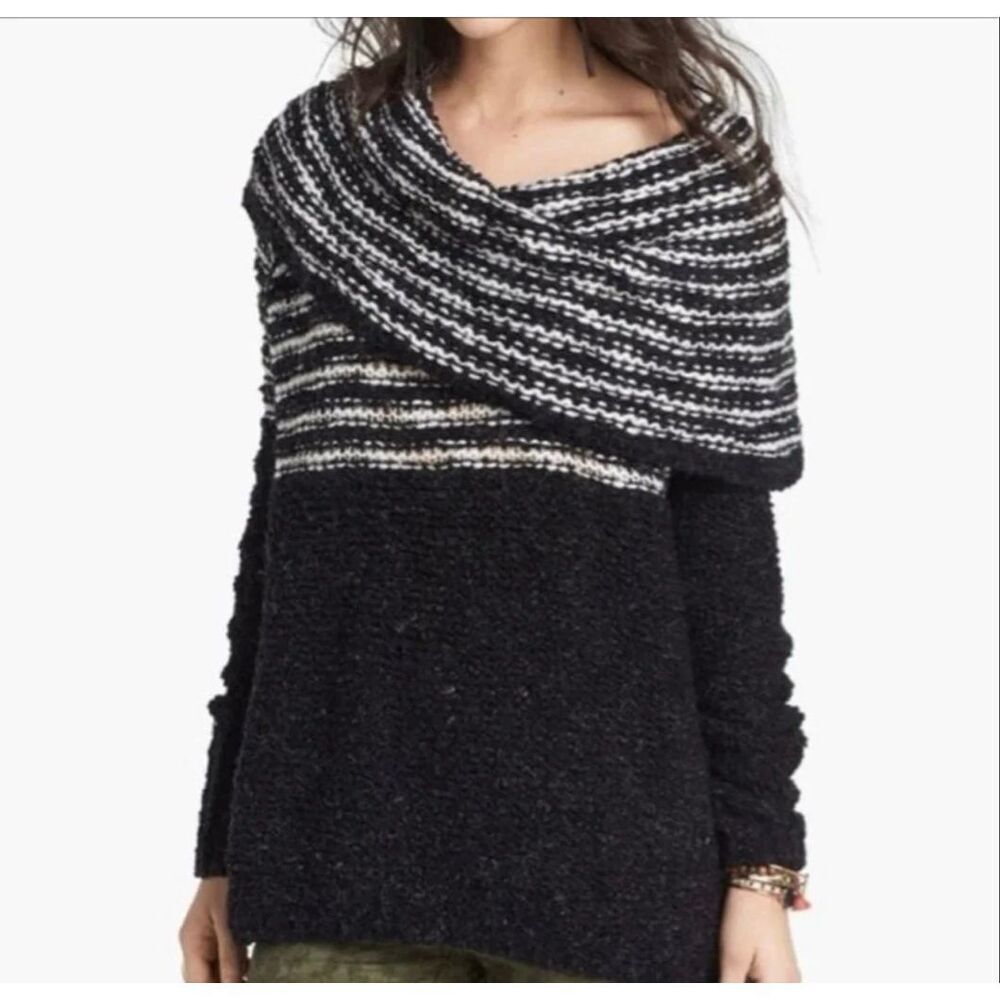 Free People Engineer Black White Striped Cowl Neck Wool Sweater size S